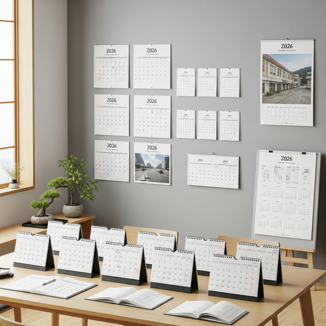 2026 custom calendar printing sample. Wall calendars and desk calendars displayed for bulk orders for schools, corporates, and NGOs.