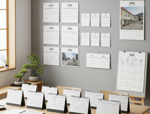 2026 custom calendar printing sample. Wall calendars and desk calendars displayed for bulk orders for schools, corporates, and NGOs.
