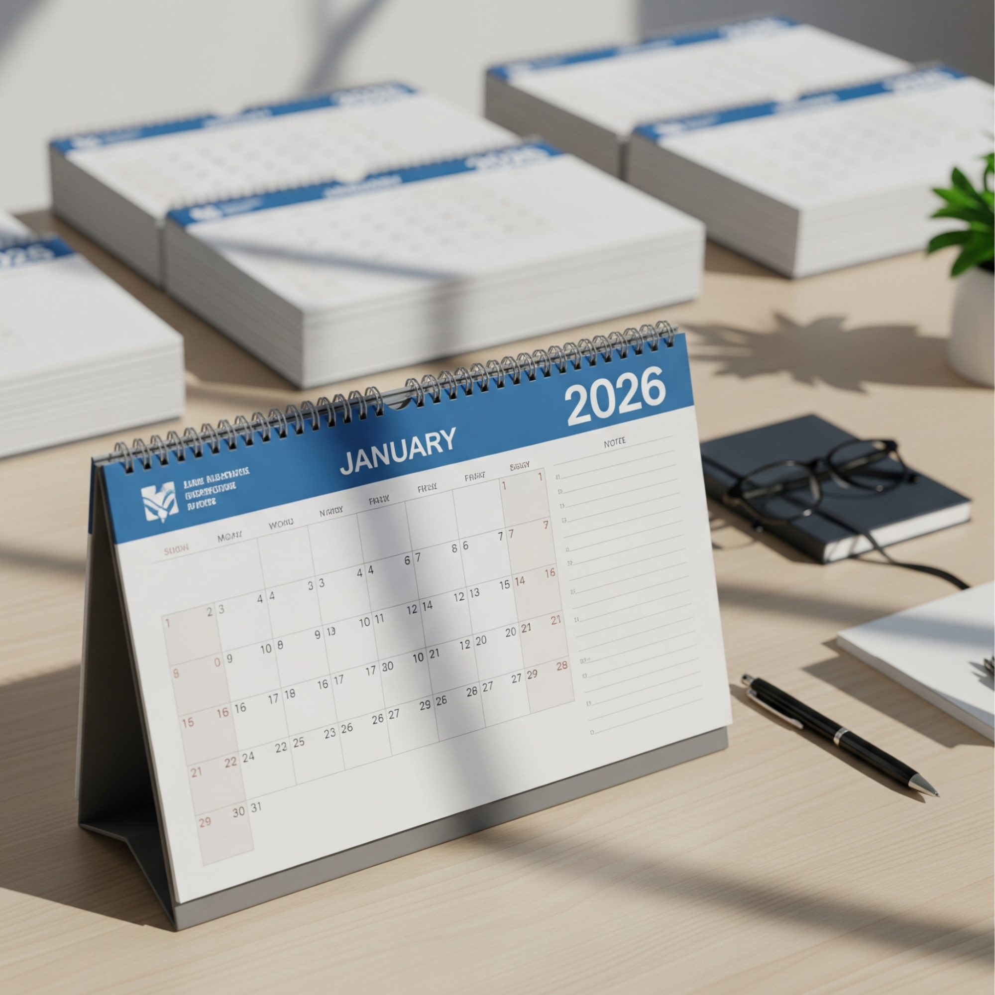 January 2026 desk calendar. Ideal for corporate gifts and school PTA use, available with bulk photo calendar printing.