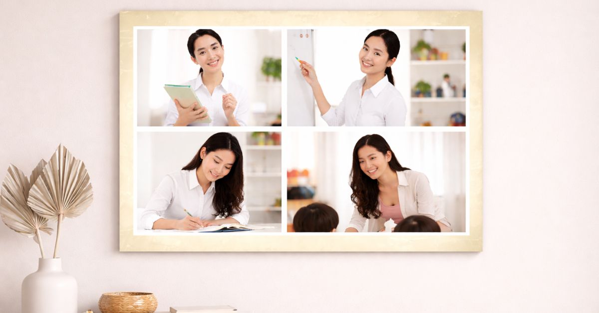 Collage poster with classroom memories for teacher appreciation in Japan