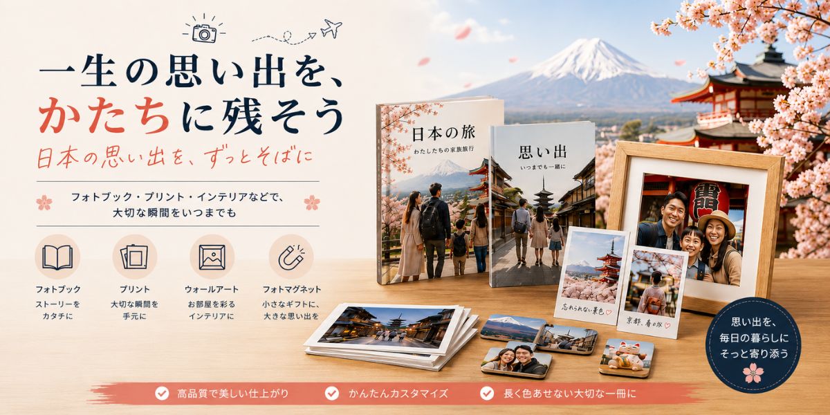 Tinykoのオーダーメイドフォトブック、プリント、ウォールアート、マグネットのコレクションは、日本旅行の思い出を美しく残せるようデザインされています。
