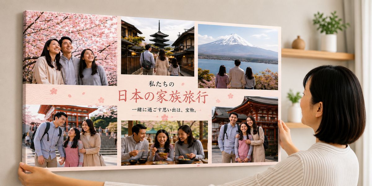日本旅行の複数の写真とカスタムテキストを一枚にまとめた美しいコラージュポスター。