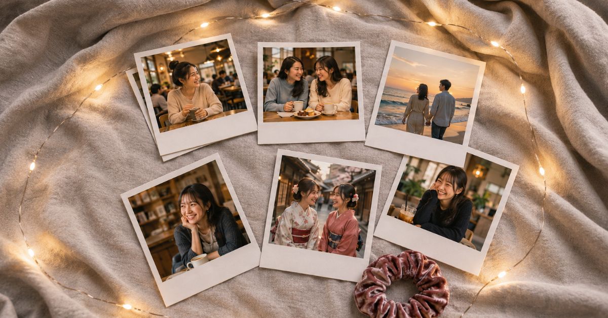Retro photo prints Japan with white borders — handwritten travel notes for milestone trip memories