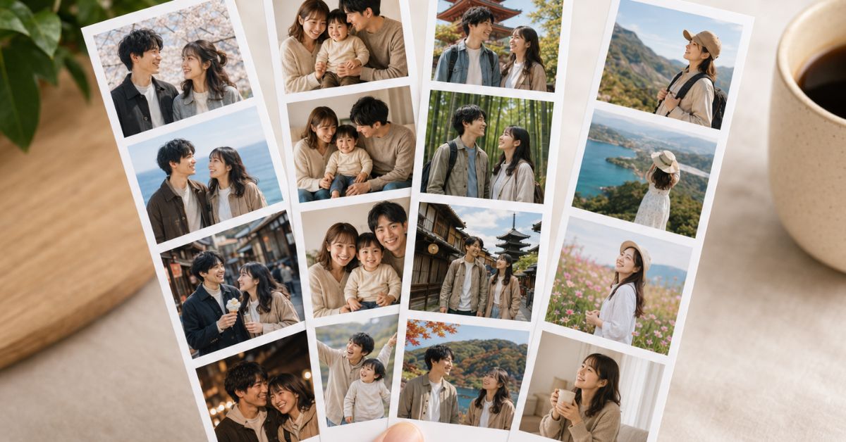 Photo strips Japan travel memories — sequence of candid moments from Tokyo Kyoto and beyond