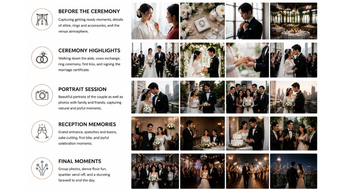 Wedding photo book design guide with ceremony, portraits, reception and final moments