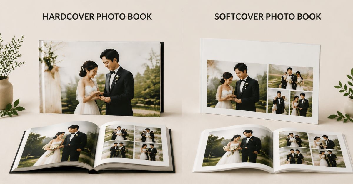 Hardcover and softcover wedding photo books in Japan with custom couple photo layouts