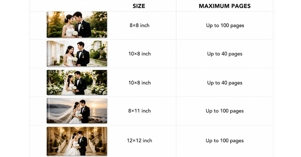 Wedding photo book size guide in Japan with 8x8, 10x8, 8x11 and 12x12 albums