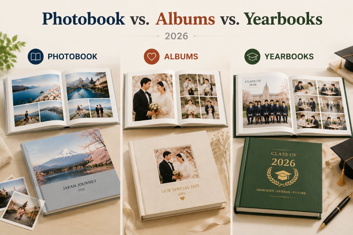 Collection of hardcover, softcover and layflat photo books displayed on a wooden table showing different photo book styles.