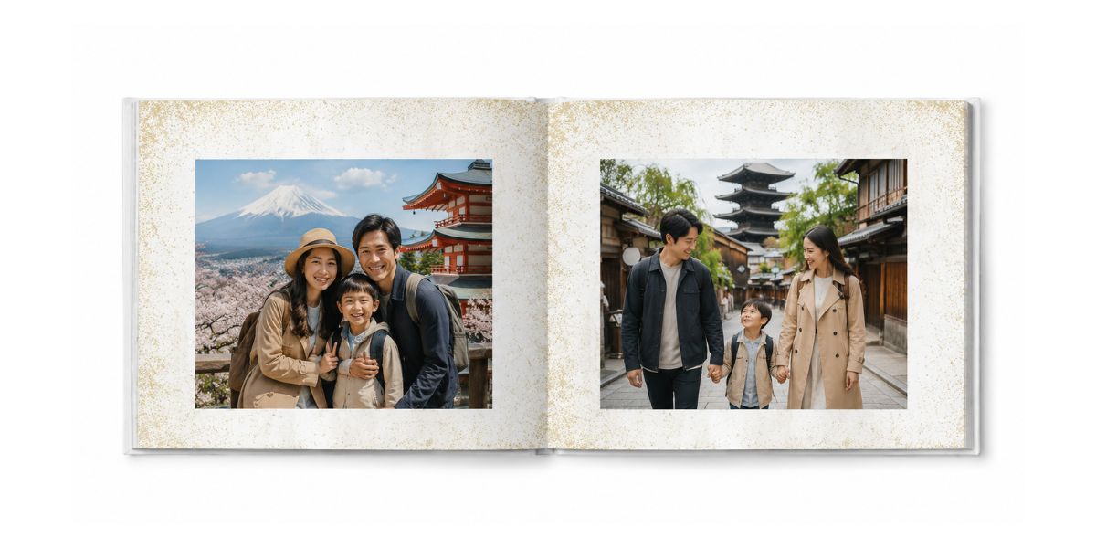 Open custom hardcover photo book displaying vibrant Japan travel photos of a family posing near Mt. Fuji and a traditional Kyoto temple.