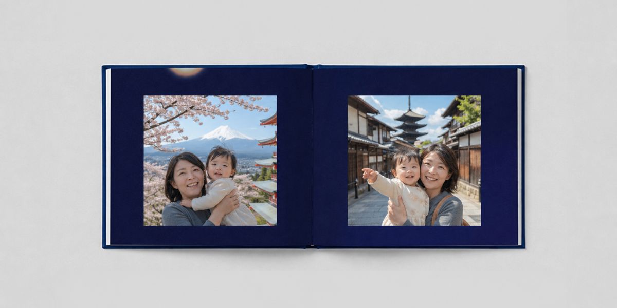 A lightweight softcover travel photo book showing family vacation memories, an ideal choice for custom photo gifts in Japan.