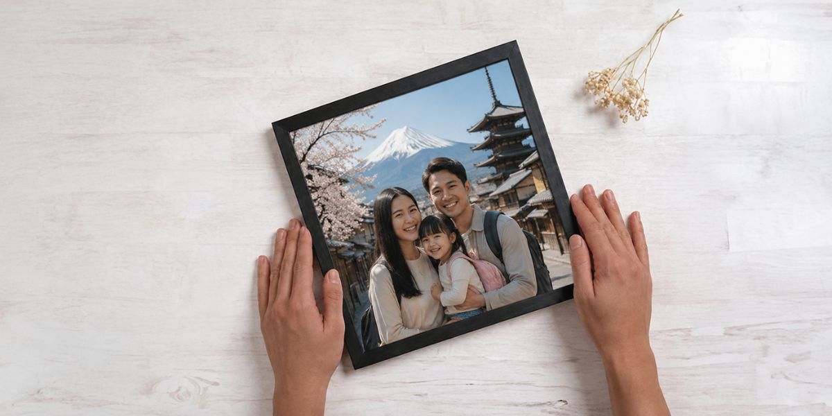 A person holding a framed wall photo featuring a family posing before Mt. Fuji, an elegant way to preserve travel memories as home decor.