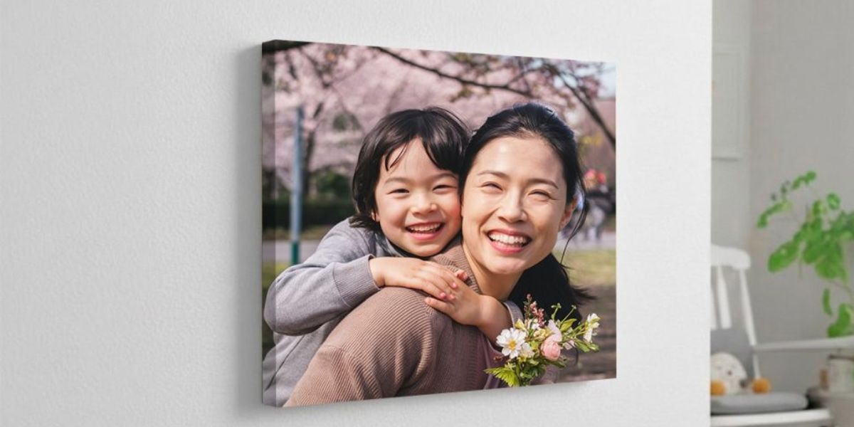 Large frameless canvas print on a white wall displaying a joyful mother and child, turning a favorite travel memory into a bold statement piece.