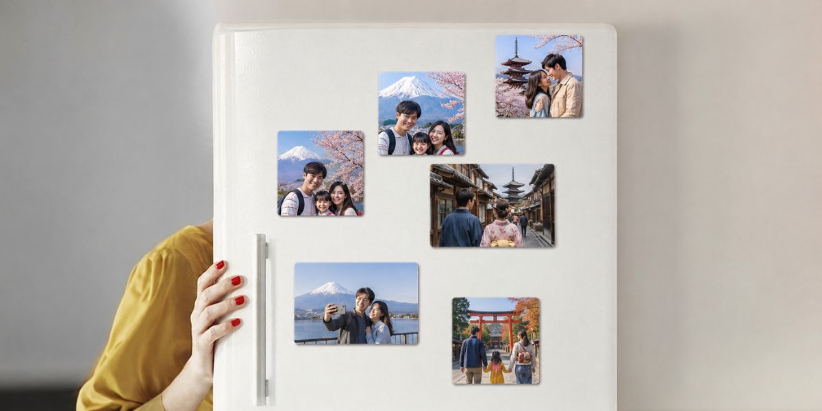 Custom photo magnets displayed on a white refrigerator featuring scenic Japan travel photos as affordable, bite-sized everyday reminders.