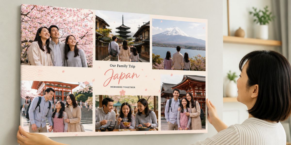 A woman hanging a personalized collage poster on a wall, showcasing multiple beautiful Japan travel photos from a family vacation.