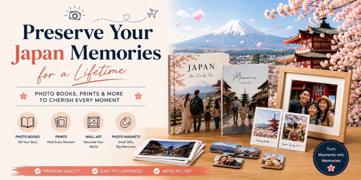 Tinyko collection of custom photo books, prints, wall art, and magnets designed to beautifully preserve travel memories from a trip to Japan.