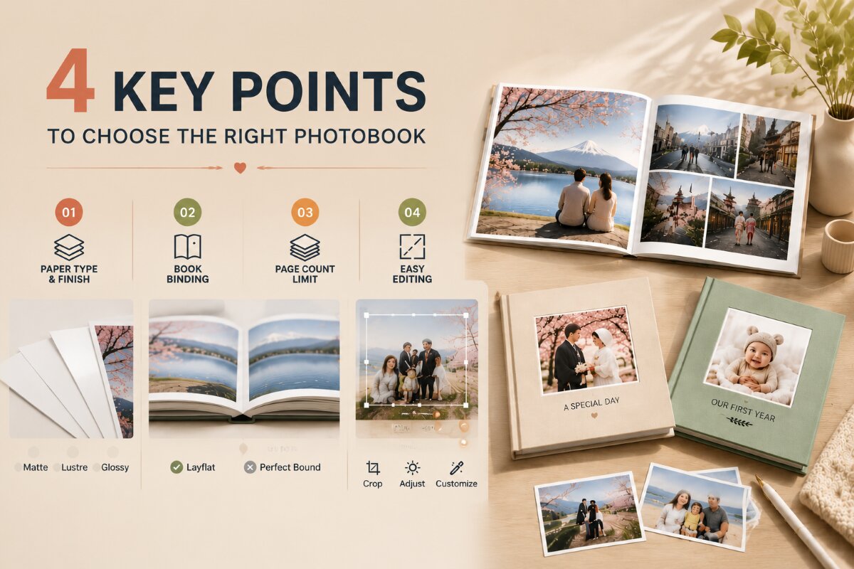Close-up comparison of matte, glossy and luster silk paper finishes used for premium photo books and albums.