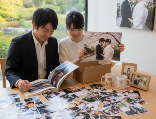 Couple looking through a photo book and printed wedding photos at home, showcasing high-quality photo prints in Japan.