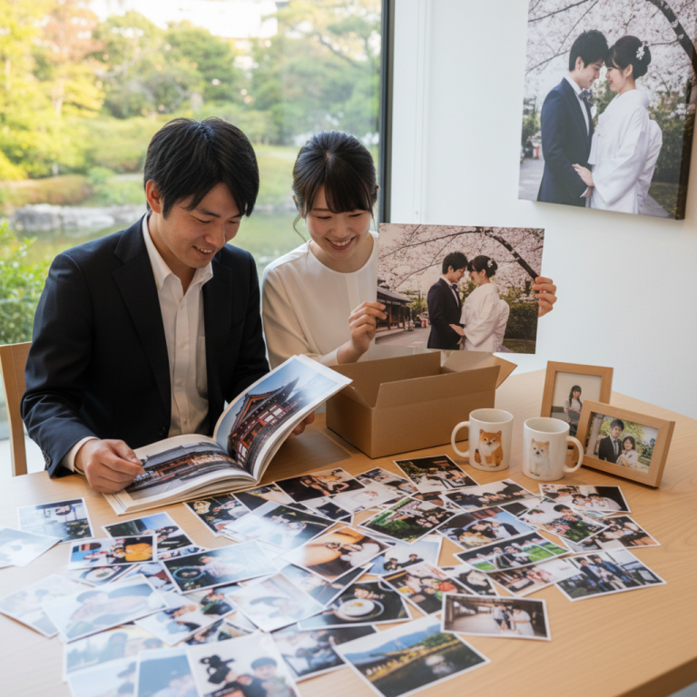 Couple looking through a photo book and printed wedding photos at home, showcasing high-quality photo prints in Japan.