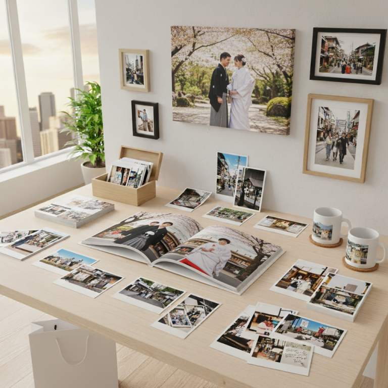 Friends enjoying drinks together in printed square photos, showcasing casual memories for photo printing in Japan.
