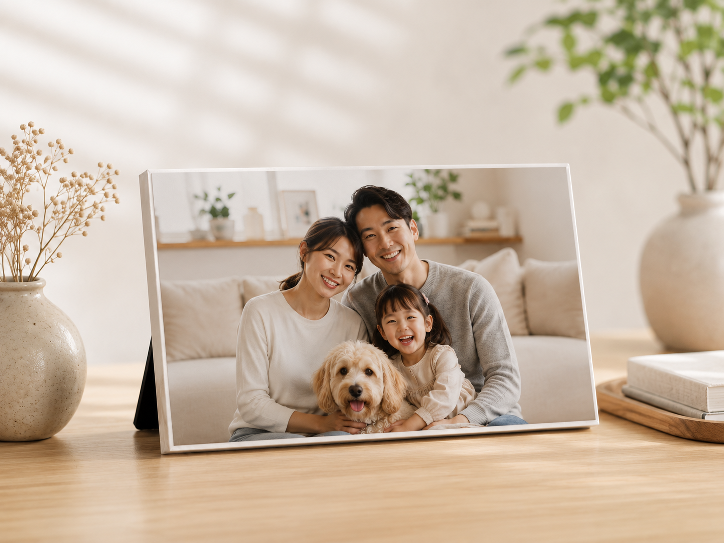 Family portrait with children and pet celebrating ten years of marriage