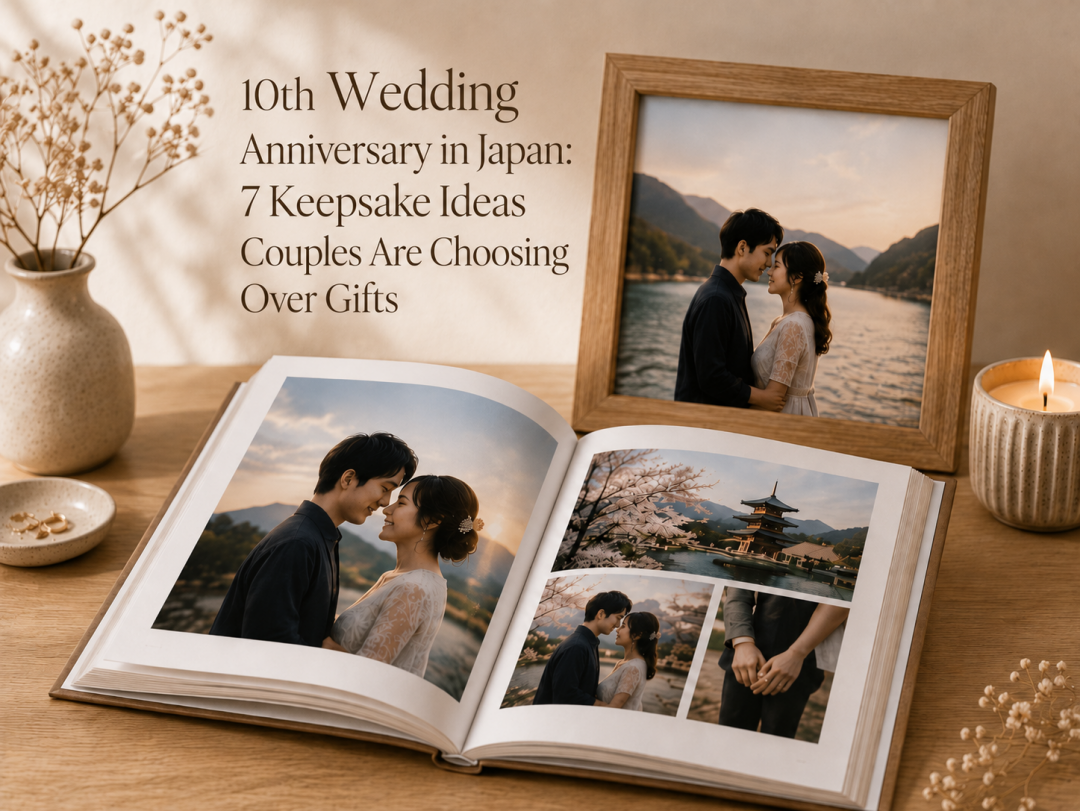 Couple in Japan looking through a 10th wedding anniversary photobook together at home