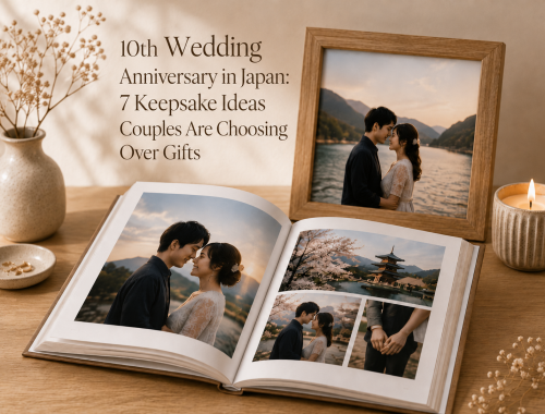 Couple in Japan looking through a 10th wedding anniversary photobook together at home