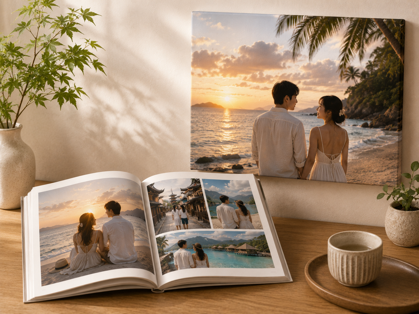Honeymoon travel photos arranged inside a personalized anniversary photobook