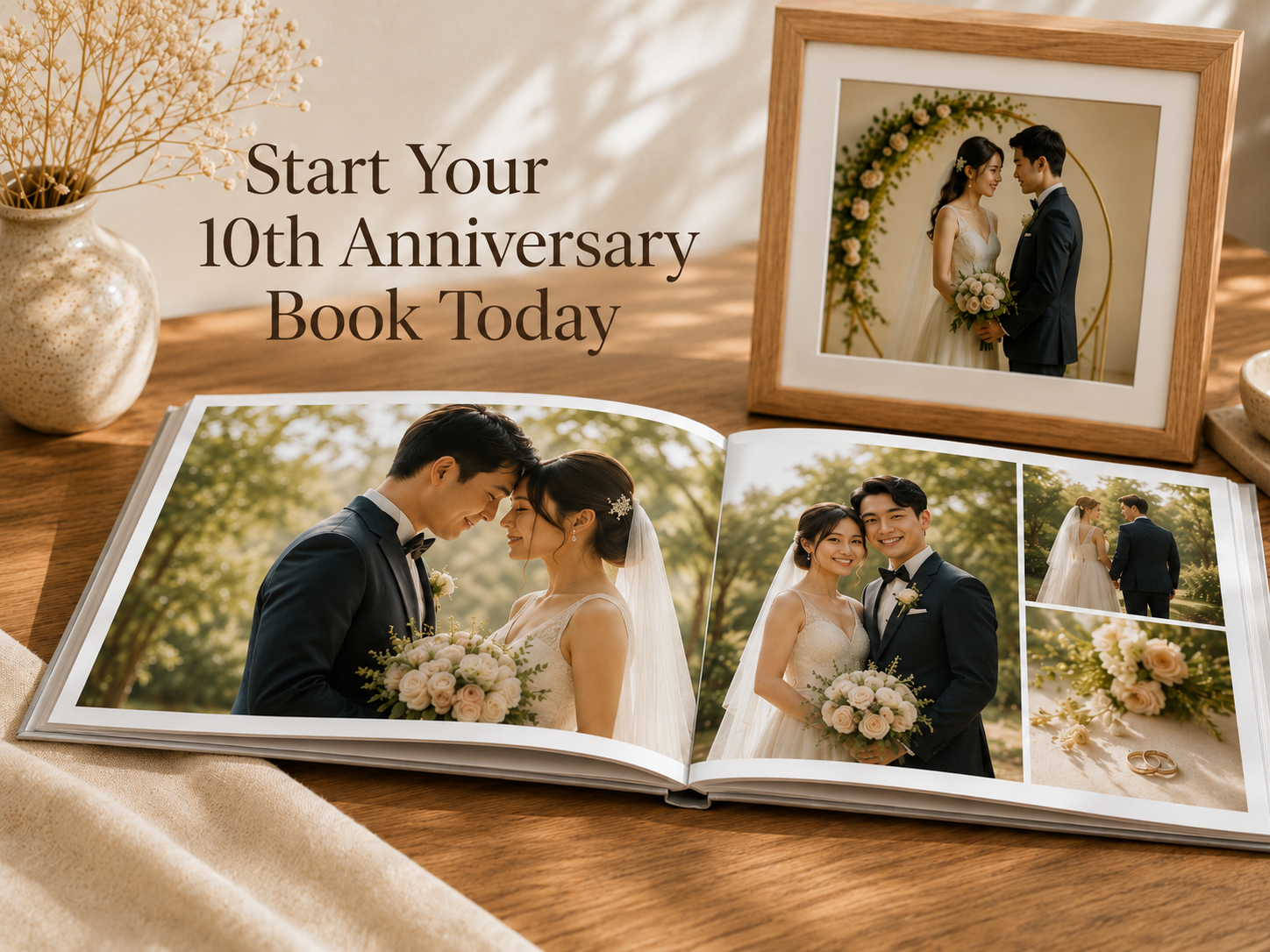 Thoughtful 10th wedding anniversary keepsakes including photobook, frame, and prints